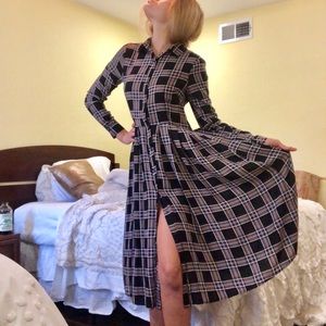 TALL pink black checkered plaid collar midi dress